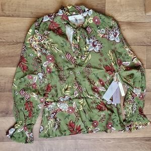 Melograno Rico Floral Olive Boho Long Sleeve Top Size Small